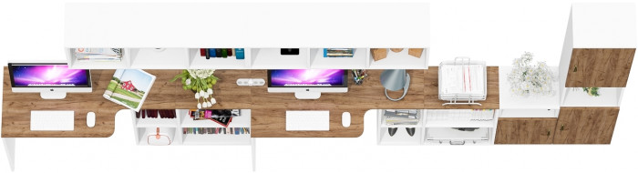 Лидер-8 Стол + Полка + Стол + Полка + Пенал + Тумба МД 3.19, цвет белый шагрень/крафт золото, 410х50/30х75/190 или 230х50/160х75/190 см., НЕ ун. сб.