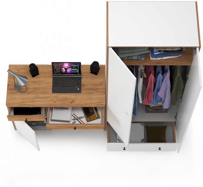 Вуди Компоновка № 21, цвет белый премиум/дуб крафт золотой, ШхГхВ 196х52,7х205 см., универсальная сборка