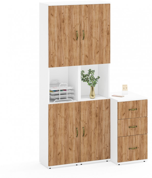 Лидер-8 Пенал + Пенал + Тумба МД 3.16, цвет белый шагрень/крафт золото, ШхГхВ 120х50х190 см., универсальная сборка