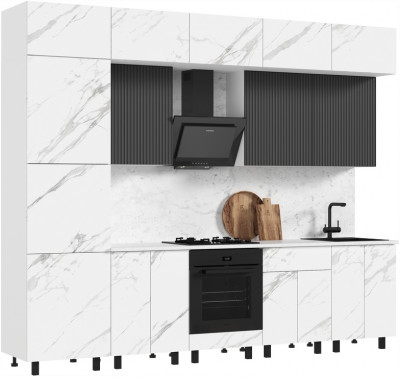 Кухня Оливия NEW 3,0/1080м Компоновка №2, Белый/Мрамор белый софт, Графит софт