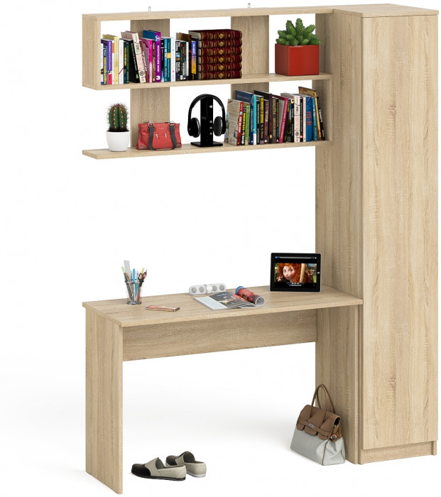Мори Стол письменный МСП1200.1 + Пенал МШ400.1 + Полка 1200, цвет дуб сонома, ШхГхВ 160,8х50,4х209,6 см., универсальная сборка