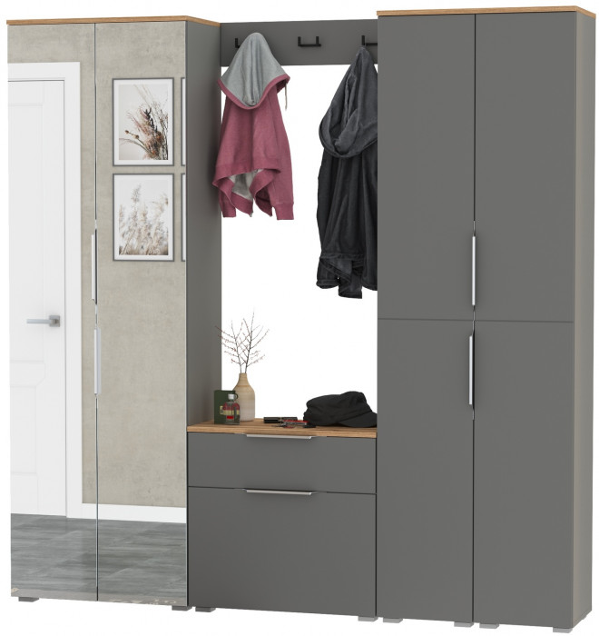Октава Прихожая 30, цвет серый графит/дуб крафт золотой/фасады МДФ серый графит, ШхГхВ 193,7х35,4х197,6 см., универсальная сборка