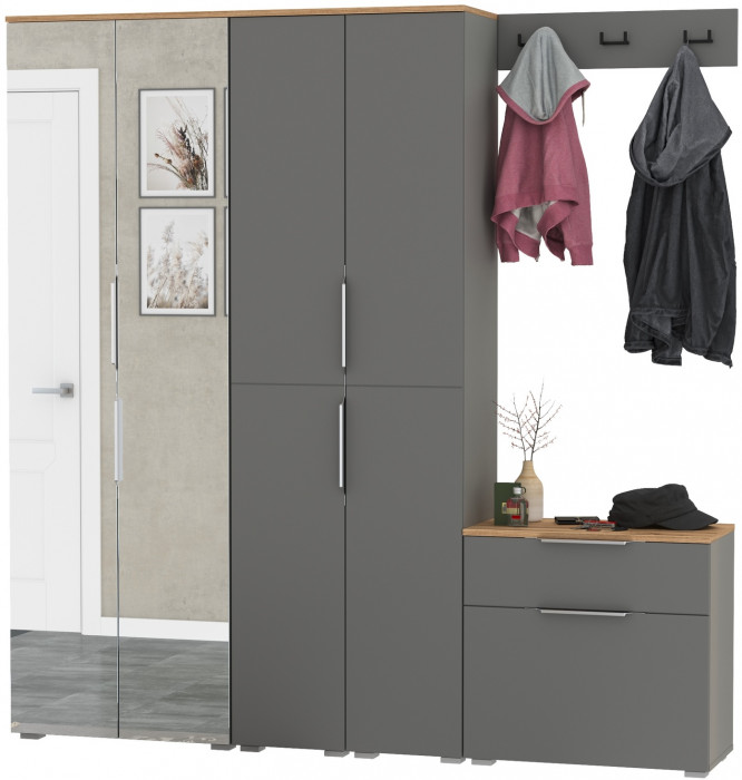 Октава Прихожая 30, цвет серый графит/дуб крафт золотой/фасады МДФ серый графит, ШхГхВ 193,7х35,4х197,6 см., универсальная сборка