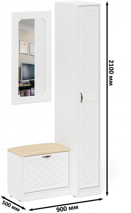 Прихожая П-6 Компоновка № 40, цвет белая шагрень/фасады МДФ белое дерево фрезеровка ромб, ШхГхВ 90х50х210 см., универсальная сборка