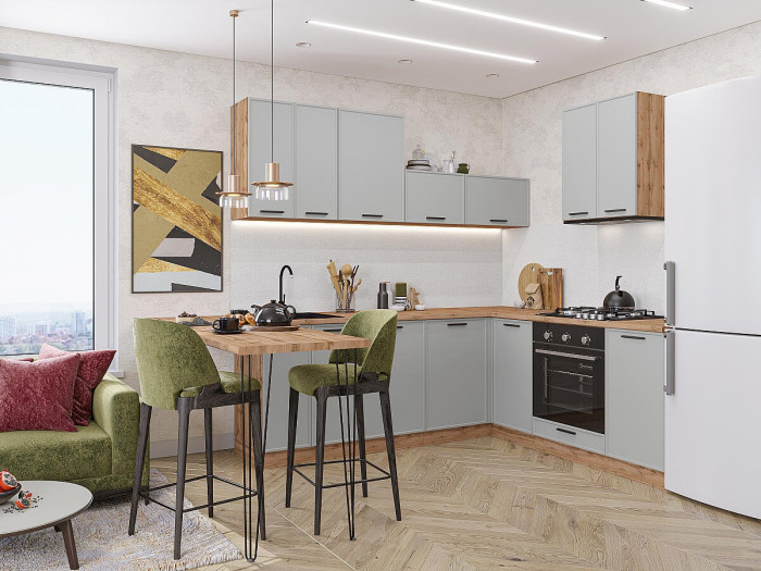 Кухонный гарнитур угловой Фрейм-03, МДФ, 220×200 см, Вотан/Серый шелк (Дуб натуральный)