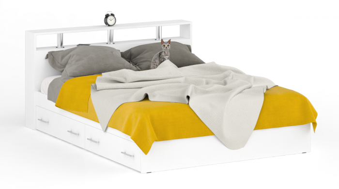 Камелия спальня № 9 Кровать с ящиками 1600 + Две тумбы + Стол косметич. + Зеркало + Шкаф 4-х, цвет белый, сп.м. 1600х2000 мм., б/м, осн. есть