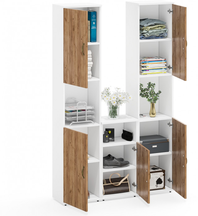 Лидер-8 Пенал + Пенал + Тумба МД 3.19, цвет белый шагрень/крафт золото, ШхГхВ 120х30х190 см., универсальная сборка