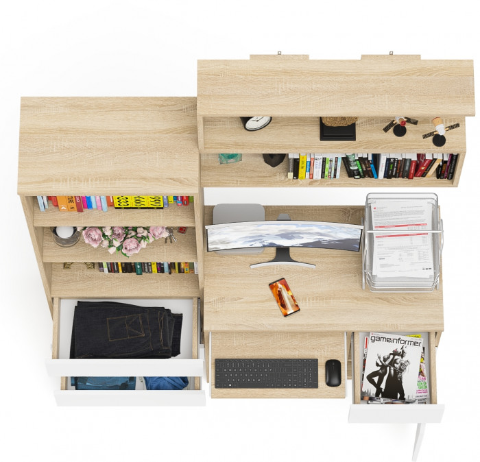 Мори Стол компьютерный МС-1 правый + Стеллаж МСТ600.3 + Полка 900, цвет дуб сонома/белый, ШхГхВ 150,4х50х209,6 см., НЕ универсальная сборка