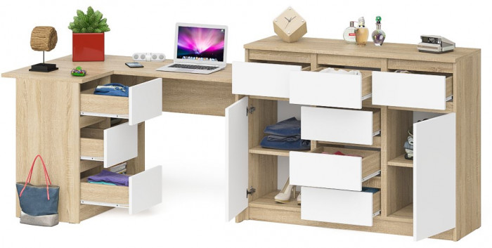 Мори Стол компьютерный МС-16 левый + Комод МК1200.4, цвет дуб сонома/белый, ШхГхВ 244,8х84,9х94 см., выдвижные ящики слев, НЕ универсальная сборкаа