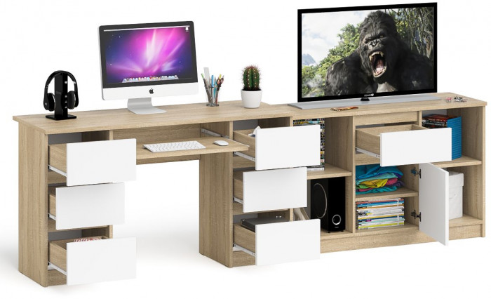 Мори Стол компьютерный МС-2 + Тумба МТВ1204.1, цвет дуб сонома/белый, ШхГхВ 255,8х50х76,6 см., универсальная сборка