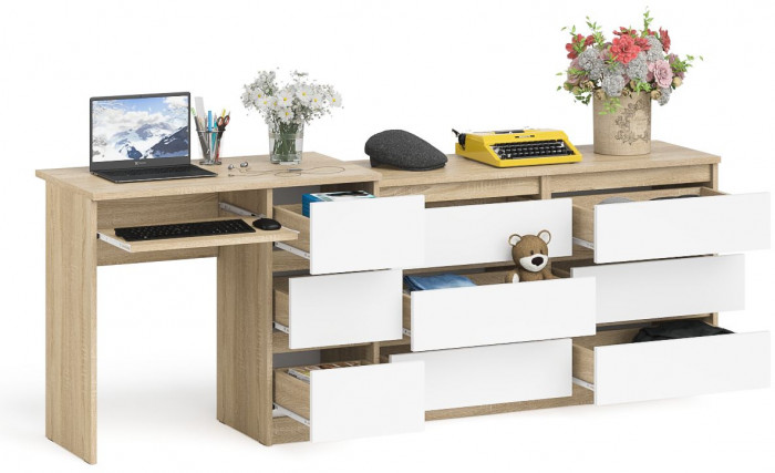 Мори Стол компьютерный МС-6 правый + Комод МК1200.6, цвет дуб сонома/белый, ШхГхВ 210,4х50х76,6 см., выдвижные ящики справа, НЕ универсальная сборка