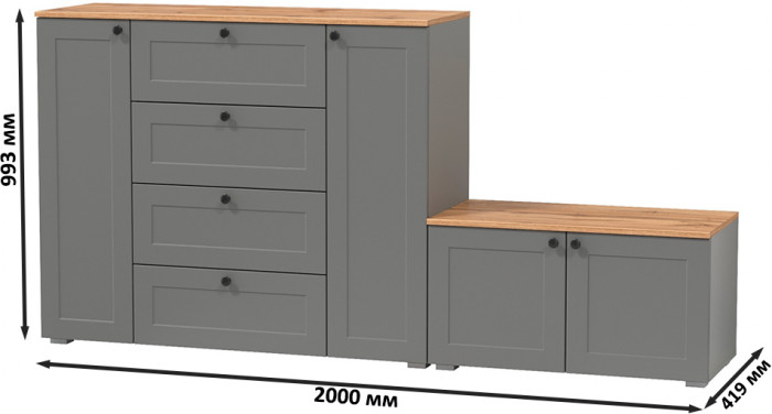 Остин 16.221 Комод + 13.257 Тумба, цвет серый графит/дуб крафт золотой, ШхГхВ 200х41,9х99,3 см., универсальная сборка