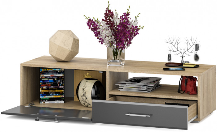 Тумба под ТВ Ларго 1, корпус дуб сонома/фасады МДФ графитово-серый глянец