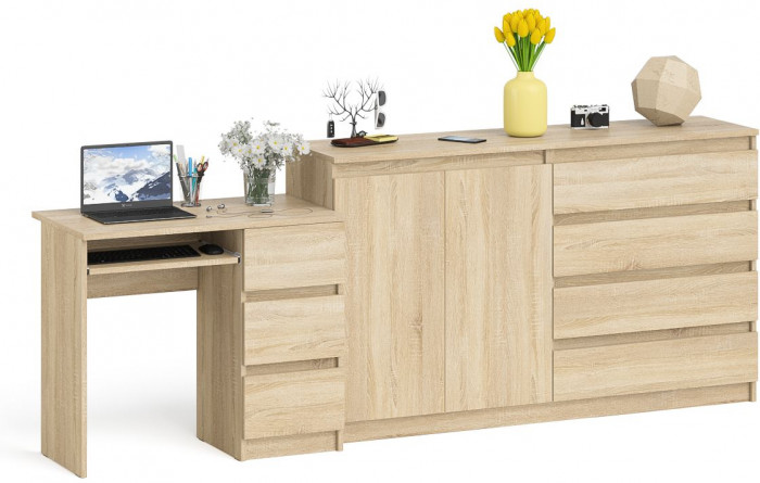 Мори компьютерный стол МС-6 правый + Комод МК1600.1, дуб сонома