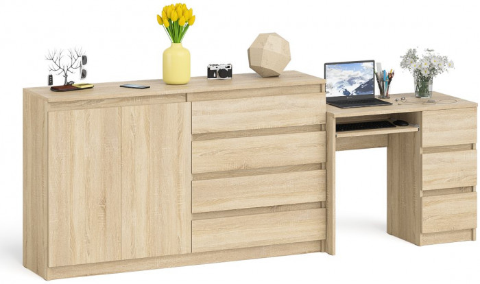 Мори компьютерный стол МС-6 правый + Комод МК1600.1, дуб сонома