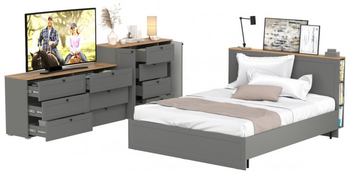 Остин 11.53 Кровать + ортопед + 16.240 Комод + 16.221 Комод, серый графит/дуб крафт золотой