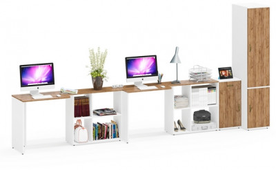 Лидер-8 Стол + Стол + Пенал МД 23Б + Тумба МД 3.15, белый шагрень/крафт золото