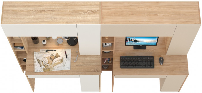 КР100 Два стола компьютерных Комфорт 12.71, цвет дуб сонома/белый/гикори рокфорд натуральный/сатин, ШхГхВ 233,4х60,2х165,4 см., НЕ универс. сборка