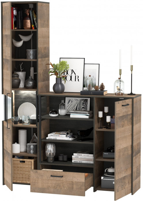 Трувор 13.205 Шкаф-пенал с витриной + 13.307.01 Комод, цвет дуб гранж песочный/интра, ШхГхВ 153,8х37х210 см., универсальная сборка