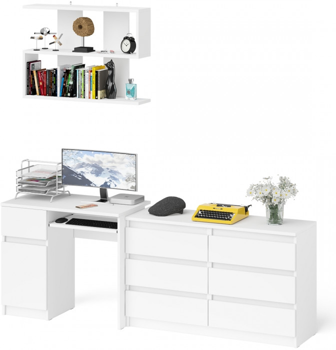 Мори Стол компьютерный МС-1 левый + Комод МК1200.6 + Полка 900, цвет белый, ШхГхВ 210,4х50х209,6 см., НЕ универсальная сборка