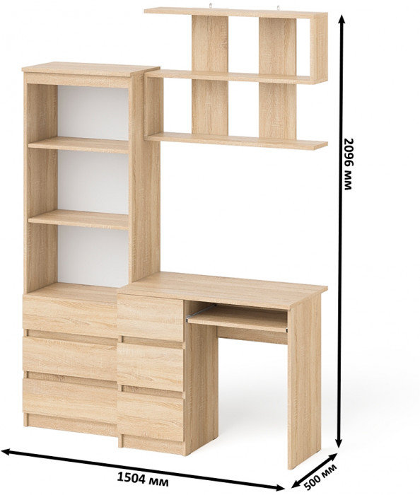 Мори компьютерный стол МС-6 левый + Стеллаж МСТ600.3 + Полка 900, дуб сонома