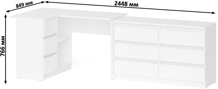 Мори Стол компьютерный МС-16 левый + Комод МК1200.6, цвет белый, ШхГхВ 244,8х84,9х76,6 см., выдвижные ящики слева, НЕ универсальная сборка