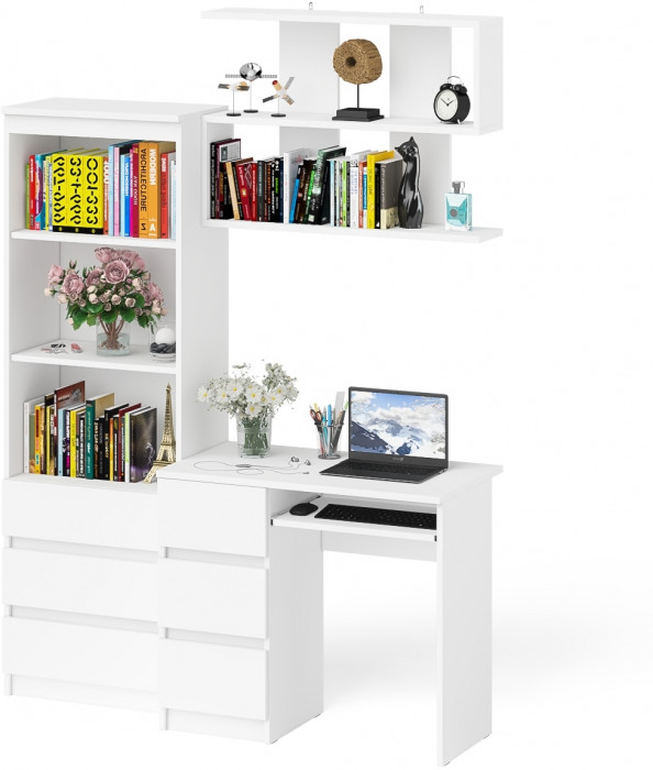 Мори Стол компьютерный МС-6 левый + Стеллаж МСТ600.3 + Полка 900, цвет белый, ШхГхВ 150,4х50х209,6 см., НЕ универсальная сборка