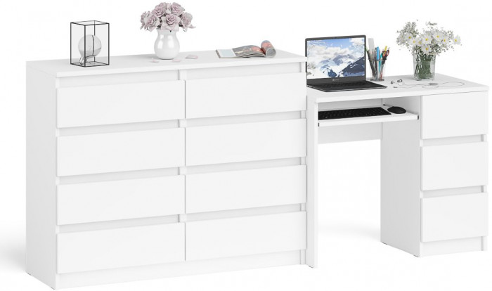 Мори Стол компьютерный МС-6 правый + Комод МК1200.8, цвет белый, ШхГхВ 210,4х50х94 см., выдвижные ящики справа, НЕ универсальная сборка