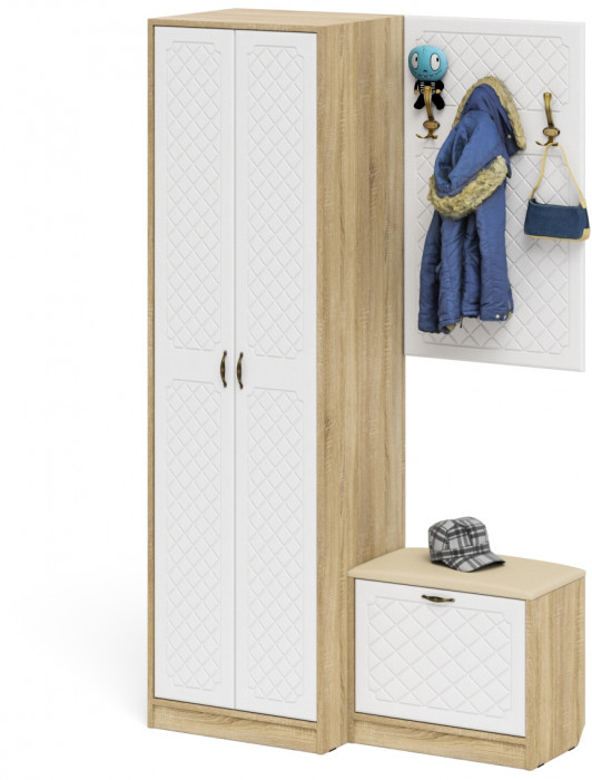 Прихожая П-6 Компоновка № 12, дуб сонома/фасады МДФ белое дерево фрезеровка ромб