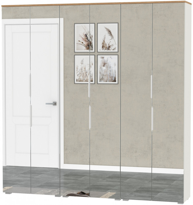 Октава 13.338 Шкаф для одежды + 13.338 Шкаф + 13.338, цвет белый шагрень/дуб крафт золотой/фасады МДФ белый шагрень/зеркало, ШхГхВ 193,2х35,3х197,6 см
