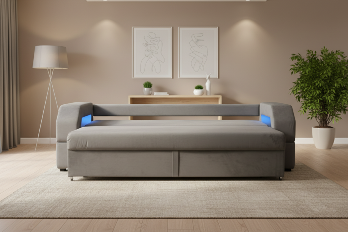 Диван-еврокнижка Манчестер, пружинный блок, 160х195, подсветка, велюр серый