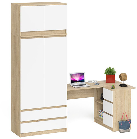 Мори компьютерный стол МС-16 правый + Шкаф МШ900.1 + Антресоль МА900.1, дуб сонома/белый