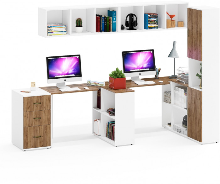 Лидер-8 Стол + Полка + Стол + Полка + Пенал + Тумба МД 3.16, цвет белый шагрень/крафт золото, 410х50/30х75/190 или 270х120/50х75/190 см., НЕ ун. сб.