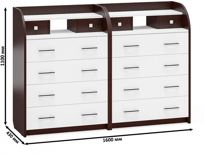 Два комода С-МД-К6 (Шесть), цвет венге/белый шагрень, ШхГхВ 160х43х110 см., 6 ящиков