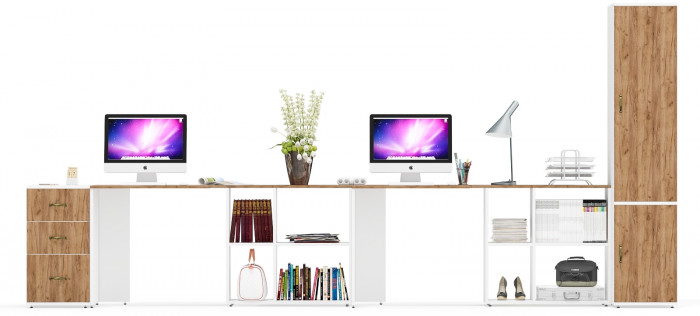 Лидер-8 Стол + Стол + Пенал МД 23Б + Тумба МД 3.16, белый шагрень/крафт золото