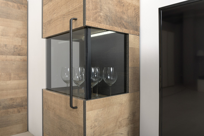 Трувор 13.205 Шкаф-пенал с витриной + 13.307.02 Комод с ящиками, цвет дуб гранж песочный/интра, ШхГхВ 110,8х37х210 см., универсальная сборка