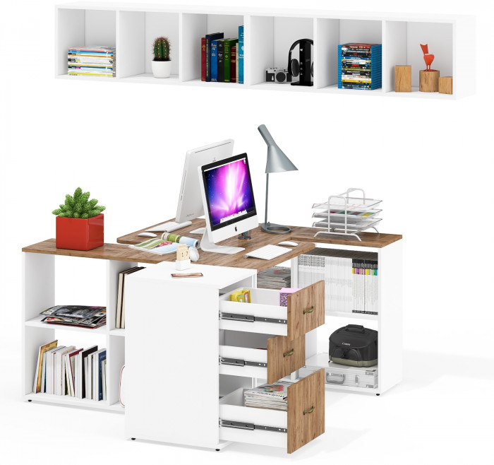 Лидер-8 Стол + Полка + Стол + Полка + Тумба МД 3.16, цвет белый шагрень/крафт золото, ШхГхВ 370х50/30х75/190 или 270х80/50х75/190 , НЕ универс. сборка