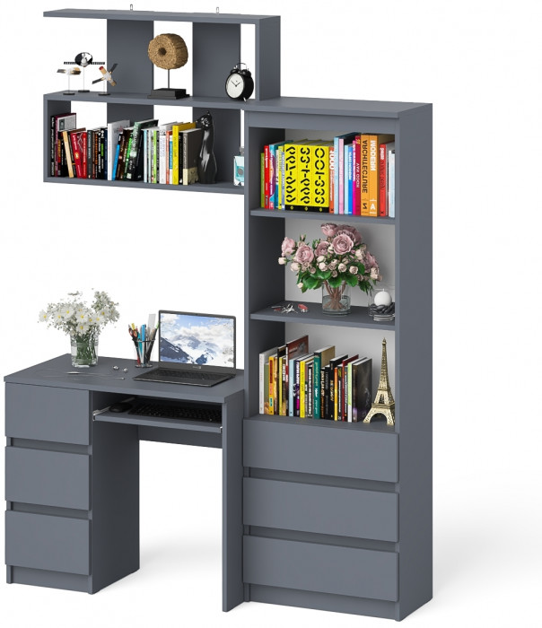 Мори Стол компьютерный МС-6 левый + Стеллаж МСТ600.3 + Полка 900, цвет графит, ШхГхВ 150,4х50х209,6 см., НЕ универсальная сборка