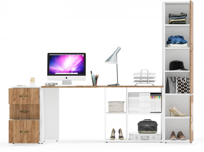 Лидер-8 Стол + Тумба МД 3.16 + Пенал МД 22Б, цвет белый шагрень/крафт золото, ШхГхВ 245х50/37,5х75/190 или 155х120/50х75/190 см., НЕ ун. сборка