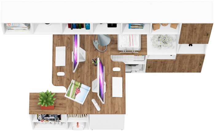 Лидер-8 Стол + Полка + Стол + Полка + Пенал + Тумба МД 3.19, цвет белый шагрень/крафт золото, 410х50/30х75/190 или 230х50/160х75/190 см., НЕ ун. сб.