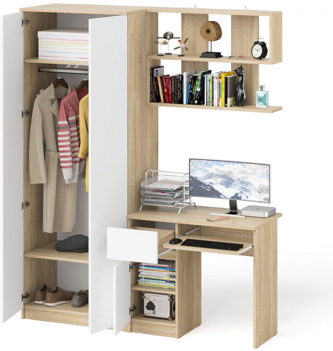 Мори компьютерный стол МС-1 левый + Шкаф МШ800.1 + Полка 900, дуб сонома/белый