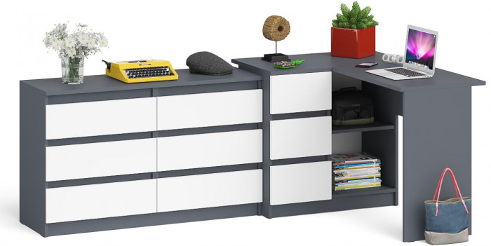 Мори Стол компьютерный МС-16 левый + Комод МК1200.6, цвет графит/белый, ШхГхВ 244,8х84,9х76,6 см., выдвижные ящики слева, НЕ универсальная сборка