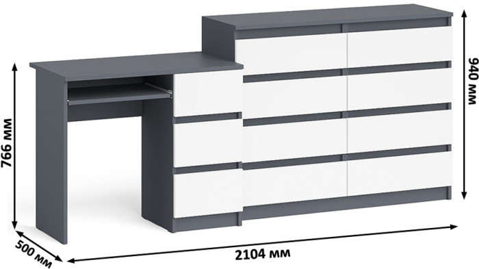 Мори Стол компьютерный МС-6 правый + Комод МК1200.8, цвет графит/белый, ШхГхВ 210,4х50х94 см., выдвижные ящики справа, НЕ универсальная сборка