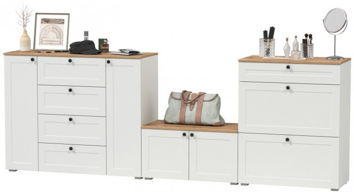 Остин 16.221 Комод + 16.121 Тумба для обуви + 13.257 Тумба, цвет белый шагрень/дуб крафт золотой, ШхГхВ 280х41,9х99,3 см.