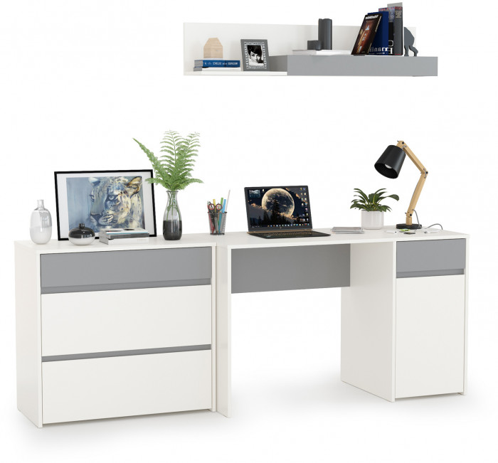 Торонто 12.149 Стол + 13.321 Комод + 16.475 Полка, белый шагрень/стальной серый