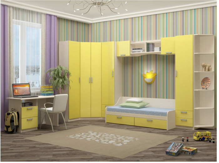 Модульная детская Юниор-7 МДФ (композиция 1) (Ясень шимо светлый, Салатовый)