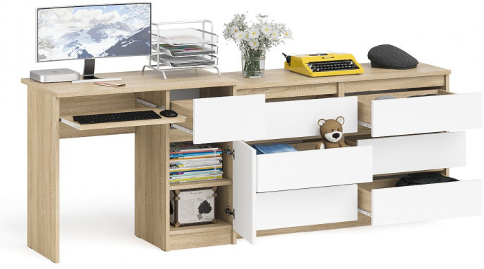 Мори Стол компьютерный МС-1 правый + Комод МК1200.6, цвет дуб сонома/белый, ШхГхВ 210,4х50х76,6 см., выдвижной ящик справа, НЕ универсальная сборка