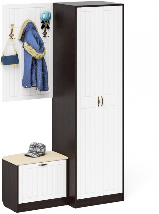 Прихожая П-6 Компоновка № 12, цвет венге/фасады МДФ белое дерево фрезеровка прованс, ШхГхВ 120х50х210 см., универсальная сборка