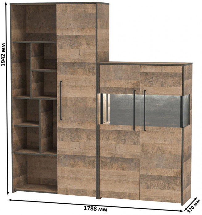 Трувор 13.206 Шкаф-стеллаж + 13.306 Комод с витриной, цвет дуб гранж песочный/интра, ШхГхВ 178,8х37х194,2 см., универсальная сборка