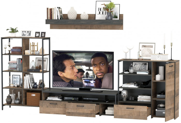 Трувор Гостиная 043, цвет дуб гранж песочный/интра, ШхГхВ 348,8х45,4х210 см., универсальная сборка